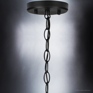 A gorgeous Urban Ambiance UHP3977 Modern Farmhouse Pendant 13''H x 13''W, Midnight Black Finish, Armidale Collection with a chain hanging from it.