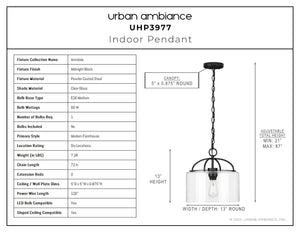 A diagram showing the dimensions of a unique Urban Ambiance UHP3977 Modern Farmhouse Pendant lighting fixture.