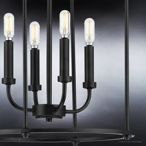 A beautiful UHP3978 Modern Farmhouse Chandelier 23''H x 15''W, Midnight Black Finish lighting fixture with four lights in it.