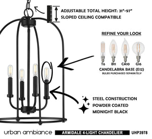A unique and gorgeous UHP3978 Modern Farmhouse Chandelier 23''H x 15''W, Midnight Black Finish, Armidale Collection by Urban Ambiance with four lights and instructions