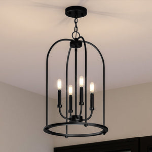 A beautiful UHP3978 Modern Farmhouse luxury chandelier hanging over a dining room table.