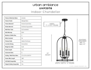 A diagram showing the dimensions of a gorgeous Urban Ambiance UHP3978 Modern Farmhouse Chandelier.