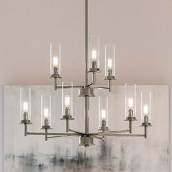 A unique lighting fixture, the UHP3980 New Traditional Chandelier from the Griffith Collection by Urban Ambiance features a brushed nickel finish and glass shades.