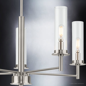 A unique Urban Ambiance UHP3981 New Traditional Chandelier with four clear glass cylinders.