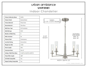 A diagram showing the dimensions of the beautiful UHP3981 New Traditional Chandelier 24.375''H x 23''W, Brushed Nickel Finish, Griffith Collection by Urban Ambiance.