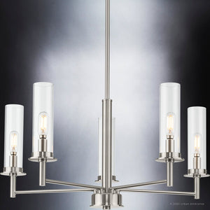 Four unique UHP3981 New Traditional chandeliers with beautiful brushed nickel finish from Urban Ambiance's Griffith Collection.