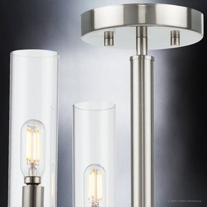 A luxury lighting fixture: The UHP3982 New Traditional Chandelier 14''H x 16''W in Brushed Nickel Finish, Griffith Collection by Urban Ambiance, with three glass cylinders