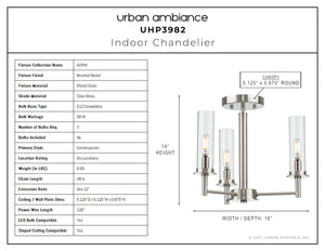 A unique diagram displaying the dimensions of an Urban Ambiance UHP3982 New Traditional Chandelier 14''H x 16''W, Brushed Nickel Finish, Griffith Collection.