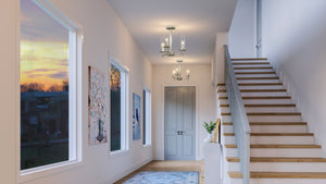An image of a hallway with stairs and a rug featuring the UHP3982 New Traditional Chandelier 14''H x 16''W, Brushed Nickel Finish, Griffith Collection by