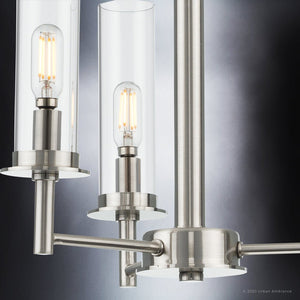A luxurious UHP3982 New Traditional Chandelier 14''H x 16''W, Brushed Nickel Finish, Griffith Collection chandelier with three glass bulbs and a metal frame from Urban Amb