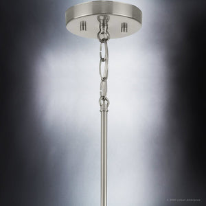 A beautiful UHP3982 New Traditional Chandelier 14''H x 16''W, Brushed Nickel Finish, Griffith Collection by Urban Ambiance with a chain hanging from it.