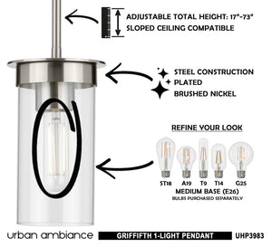 A luxury pendant lighting fixture, the UHP3983 New Traditional Pendant from Urban Ambiance, boasts a unique design with a brushed nickel finish and comes with instructions for use.