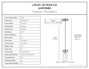 A diagram showing the dimensions of the luxury UHP3983 New Traditional Pendant 8.875''H x 5''W lighting fixture, Brushed Nickel Finish, Griffith Collection by Urban Ambiance