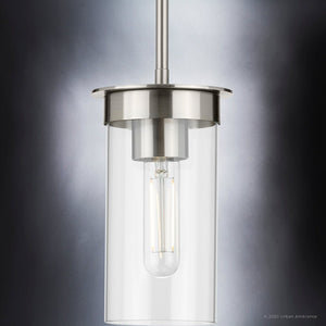 A UHP3983 New Traditional Pendant 8.875''H x 5''W with a clear glass shade, brushed nickel finish, from the Griffith Collection by Urban Ambiance - luxury pendant