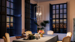 A dining room with windows and a gorgeous Urban Ambiance UHP3984 New Traditional Chandelier 31.75''H x 18''W, Brushed Nickel Finish, Griffith Collection