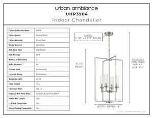 A diagram showing the dimensions of the luxury lighting fixture, Urban Ambiance UHP3984 New Traditional Chandelier 31.75''H x 18''W, Brushed Nickel Finish, Griffith