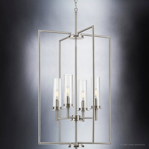 The UHP3984 New Traditional Chandelier from the Griffith Collection by Urban Ambiance is a beautiful four light chandelier with a metal frame and glass shades.