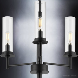 An UHP3985 New Traditional Chandelier 34.25''H x 28''W, Midnight Black Finish, Griffith Collection three - light chandelier with three glass cylinders from Urban Ambiance
