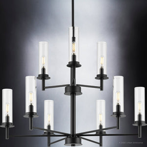 A gorgeous lighting fixture from Urban Ambiance's Griffith Collection, featuring clear glass cylinders, in a Midnight Black Finish.
