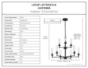 A diagram displaying the dimensions of the UHP3985 New Traditional Chandelier with a Midnight Black Finish from the Griffith Collection by Urban Ambiance.
