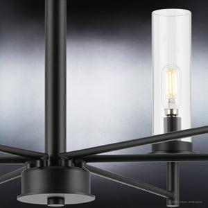 A gorgeous UHP3985 New Traditional Chandelier 34.25''H x 28''W, Midnight Black Finish, Griffith Collection by Urban Ambiance with a clear glass bulb.