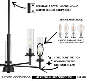 An UHP3986 New Traditional Chandelier 24.375''H x 23''W, Midnight Black Finish, Griffith Collection chandelier with lights and instructions by Urban Ambiance that is luxurious