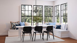 Beautiful 3D rendering of a dining room with the unique UHP3986 New Traditional Chandelier, showcasing its midnight black finish and stunning lighting fixture.
