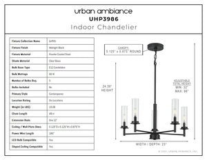 A diagram showing the dimensions of the UHP3986 New Traditional Chandelier 24.375''H x 23''W, Midnight Black Finish, Griffith Collection by Urban Ambiance - luxury lamp