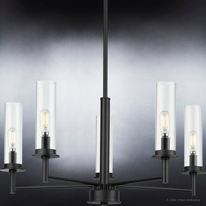 Four beautiful lighting fixtures from Urban Ambiance: UHP3986 New Traditional Chandeliers with Midnight Black Finish and clear glass cylinders.