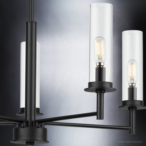 A luxury UHP3986 New Traditional Chandelier 24.375''H x 23''W, Midnight Black Finish, Griffith Collection from Urban Ambiance with three clear glass cylinders.