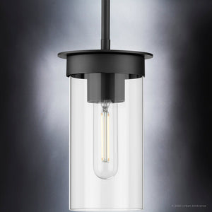A unique luxury lighting fixture from Urban Ambiance, the UHP3988 pendant light from the Griffith Collection features a clear glass shade with a Midnight Black finish.