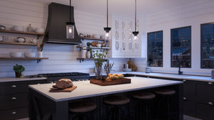 An image of a kitchen with black cabinets and stools featuring the beautiful Urban Ambiance UHP3988 New Traditional Pendant 8.875''H x 5''W, Midnight Black Finish, Griffith