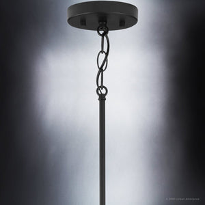 An Urban Ambiance UHP3988 New Traditional Pendant, featuring a unique Midnight Black Finish from the Griffith Collection, showcases a gorgeous chain hanging design.
