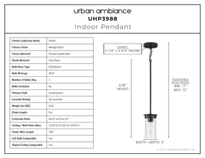 A diagram showing the dimensions of the unique UHP3988 New Traditional Pendant 8.875''H x 5''W, Midnight Black Finish, Griffith Collection by Urban Ambiance indoor pendant light