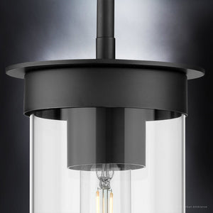 A beautiful Urban Ambiance luxury pendant lamp with a clear glass shade, UHP3988 New Traditional Pendant 8.875''H x 5''W, Midnight Black Finish, Griffith