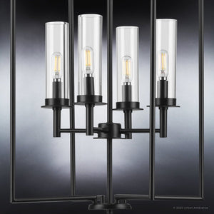 An Urban Ambiance UHP3989 New Traditional Chandelier is a gorgeous lighting fixture with a luxury feel, featuring a midnight black finish and four glass cylinders.