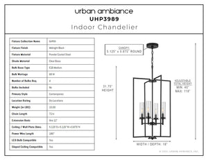 A diagram displaying the dimensions of a unique lighting fixture, UHP3989 New Traditional Chandelier 31.75''H x 18''W, Midnight Black Finish from the Griffith Collection by Urban