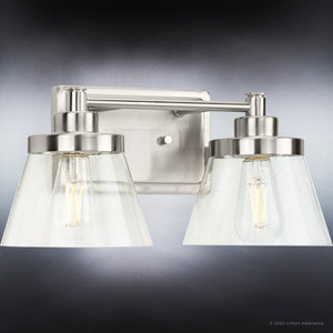 An Urban Ambiance bathroom light fixture with two UHP3990 Traditional Bath Light 7.75''H x 15.5''W, Brushed Nickel Finish, Pawtucket Collection clear