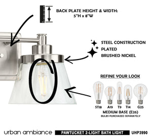A diagram showing how to install the gorgeous UHP3990 Traditional Bath Light 7.75''H x 15.5''W, Brushed Nickel Finish lighting fixture in a bathroom.