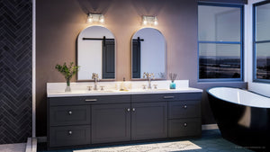 A bathroom with two sinks and a UHP3990 Traditional Bath Light, featuring a beautiful brushed nickel finish from the Pawtucket Collection by Urban Ambiance.