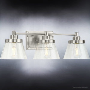 Three beautiful UHP3991 Traditional Bath Light 7.75''H x 24.5''W luxury fixtures, Pawtucket Collection, with clear glass shades, by Urban Ambiance.