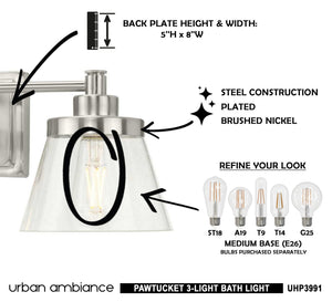 Instructions for installing a beautiful lighting fixture from the Pawtucket Collection: Urban Ambiance UHP3991 Traditional Bath Light 7.75''H x 24.5''W, Brushed
