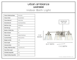 A gorgeous diagram showing the dimensions of the UHP3991 Traditional Bath Light 7.75''H x 24.5''W, Brushed Nickel Finish, Pawtucket Collection