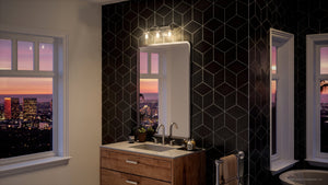 An Urban Ambiance bathroom with a view of a city features the unique UHP3991 Traditional Bath Light 7.75''H x 24.5''W, Brushed Nickel Finish,