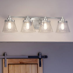 Four beautiful UHP3992 Traditional Bath Light fixtures with a barn door from Urban Ambiance brand.