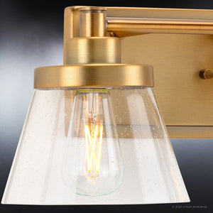 A beautiful bathroom light fixture with a clear glass shade, UHP3993 Traditional Bath Light 7.75''H x 15.5''W, Olde Brass Finish, Pawtucket