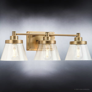 Three gorgeous UHP3994 Traditional Bath Lights 7.75''H x 24.5''W, Olde Brass Finish, Pawtucket Collection by Urban Ambiance with clear