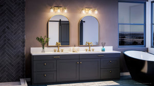 A luxury bathroom with two UHP3994 Traditional Bath Light 7.75''H x 24.5''W, Olde Brass Finish, Pawtucket Collection sinks and a