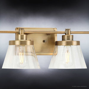A gorgeous Urban Ambiance bathroom light fixture with two UHP3995 Traditional Bath Light 7.75''H x 33.5''W, Olde Brass Finish, Pawt