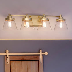 A gorgeous bathroom with a beautiful lighting fixture, featuring a UHP3995 Traditional Bath Light 7.75''H x 33.5''W, Olde Brass Finish, Paw